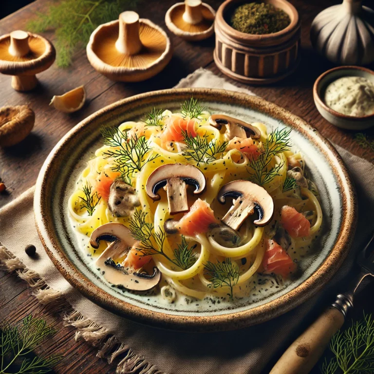 Bucatini, girolles, saumon fumé & crème d’aneth