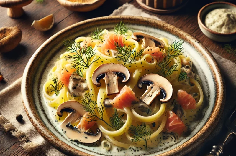 Bucatini, girolles, saumon fumé & crème d’aneth