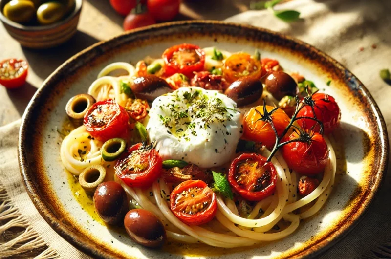 Bucatini, tomates cerises rôties, burrata & olives Taggiasche