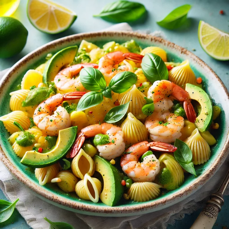 Conchiglie, crevettes marinées, citron vert, avocat & basilic