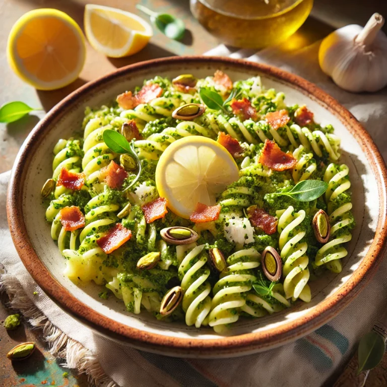 Fusilli au pesto de pistaches, ricotta, citron et pancetta croustillante