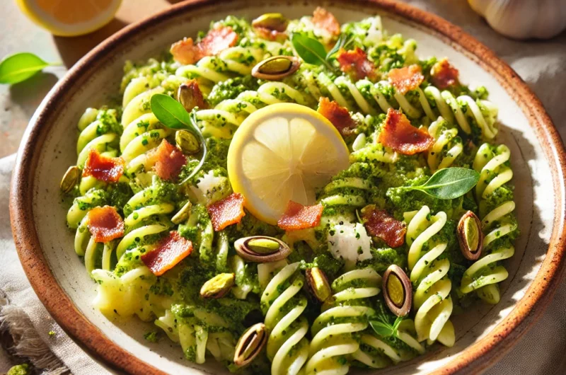 Fusilli au pesto de pistaches, ricotta, citron et pancetta croustillante