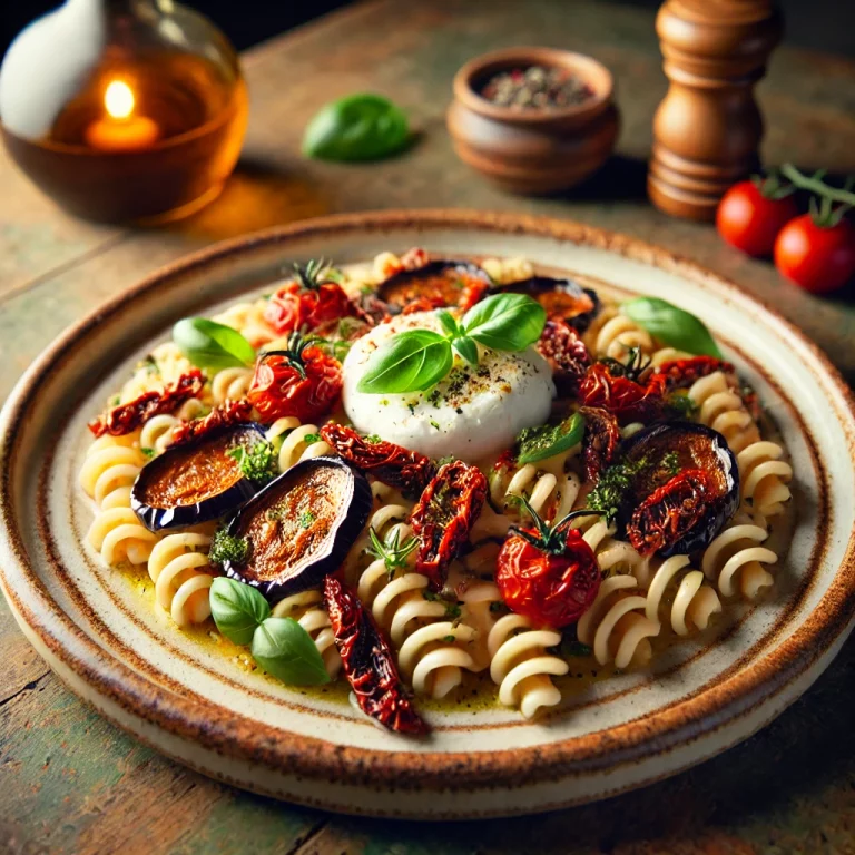 Fusilli, aubergines confites, tomates séchées & burrata