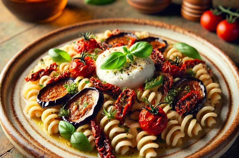 Fusilli, aubergines confites, tomates séchées & burrata