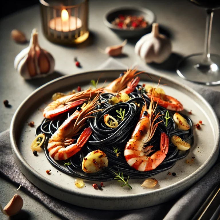 Linguine à l’encre de seiche, gambas flambées, ail confit & citronnelle
