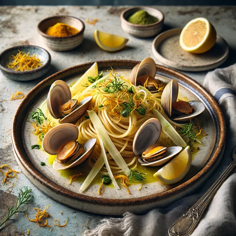 Spaghetti aux palourdes, fenouil, safran & citron