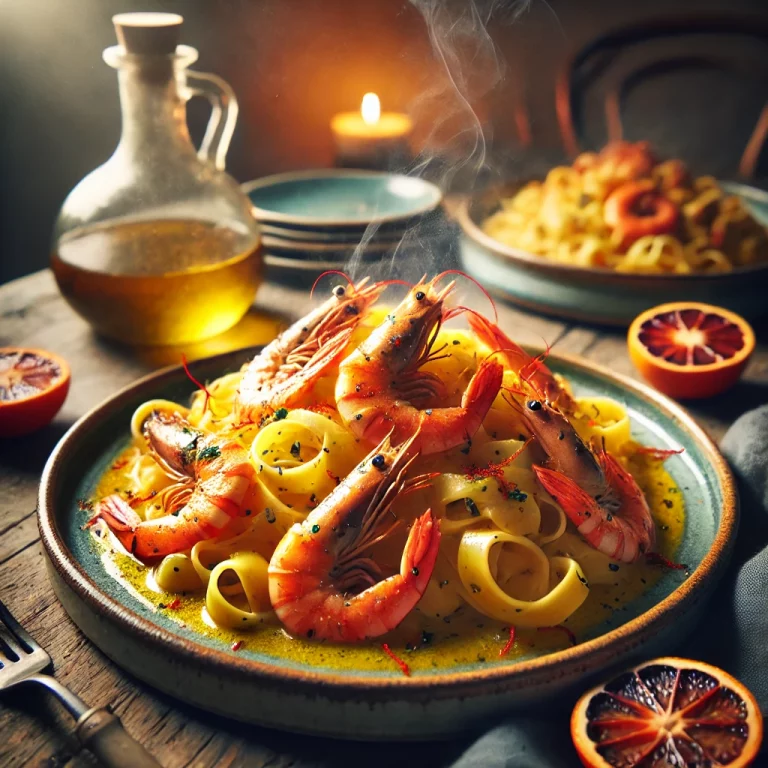 Tagliatelle, gambas flambées, crème de safran & orange sanguine