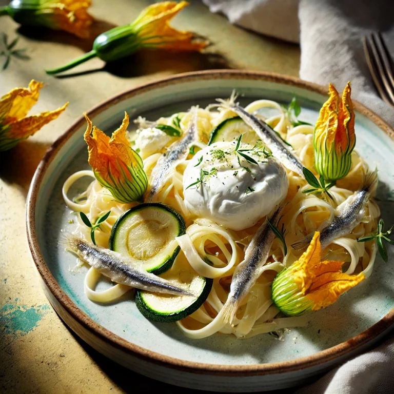 Tagliolini aux fleurs de courgette, burrata & anchois frais