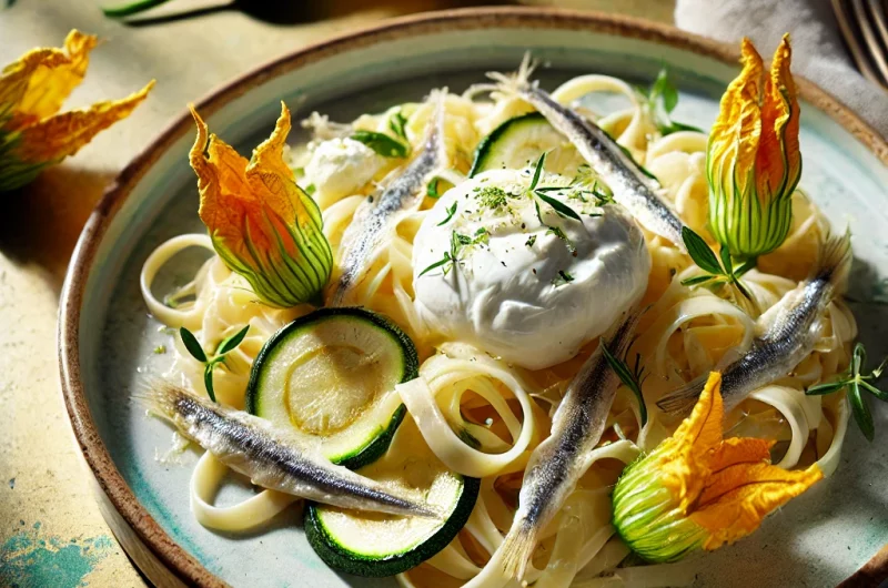 Tagliolini aux fleurs de courgette, burrata & anchois frais